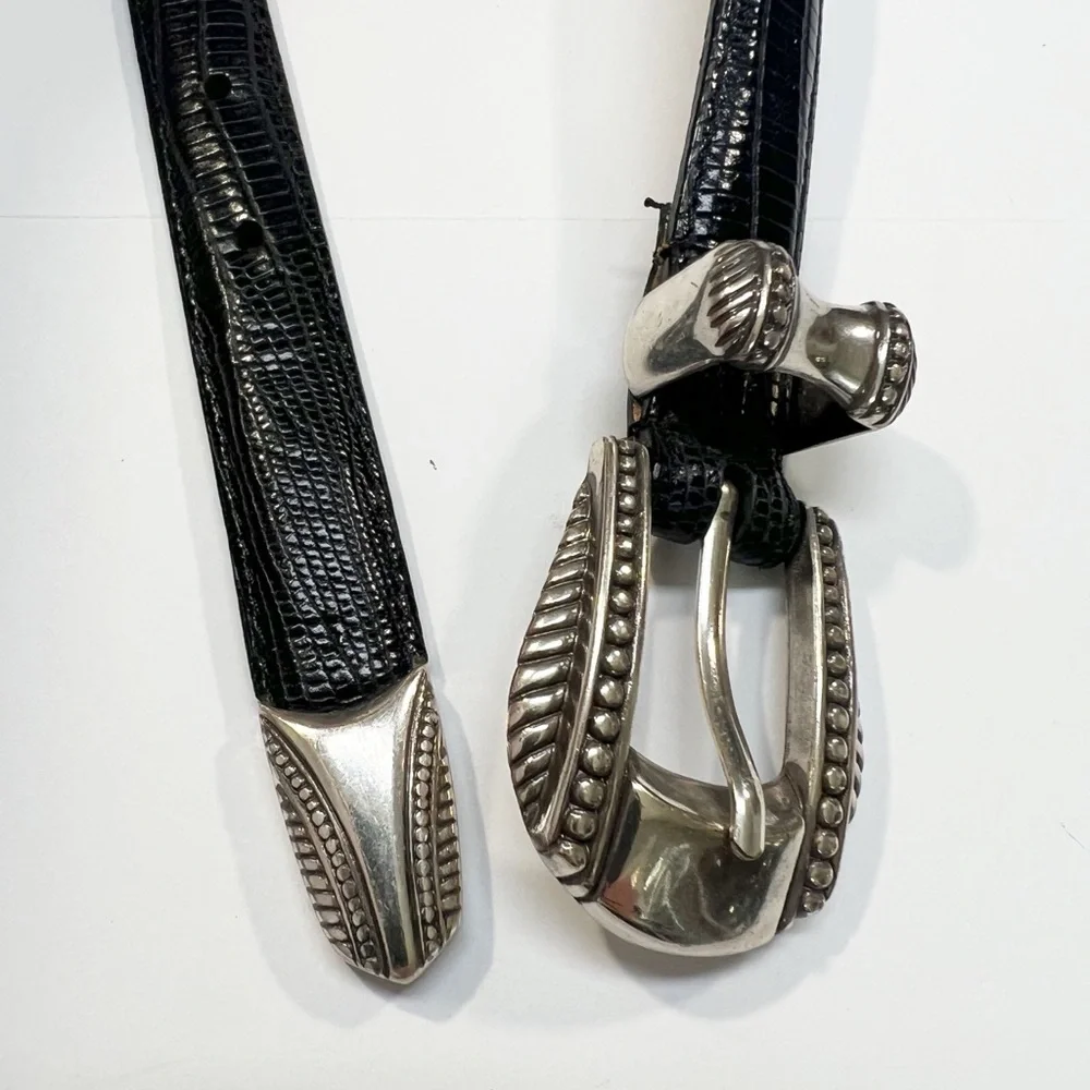 Enmon Black Embossed Leather Belt Silver Toned Filigree Conchos Womens size M